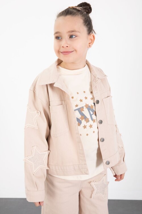 Krem Kolları Star Taşlı Jean Ceketli Kız Çocuk 3lü Alt Üst Takım 23425