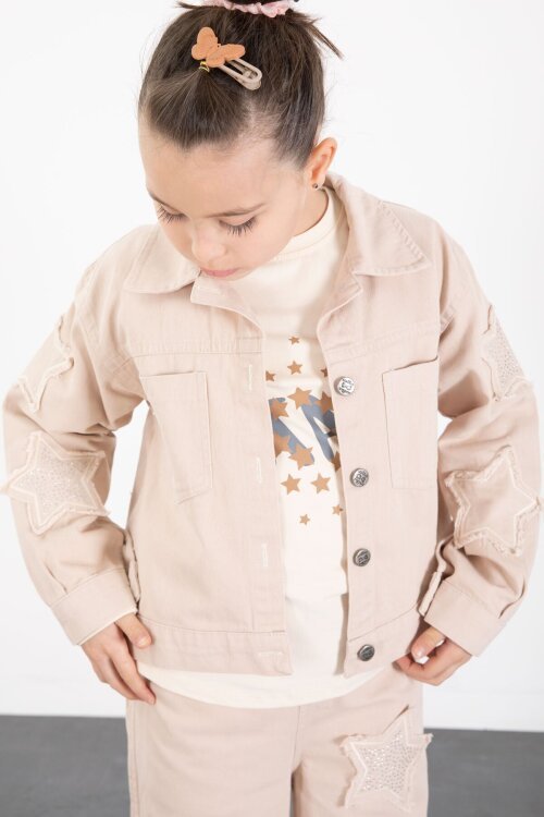 Krem Kolları Star Taşlı Jean Ceketli Kız Çocuk 3lü Alt Üst Takım 23425