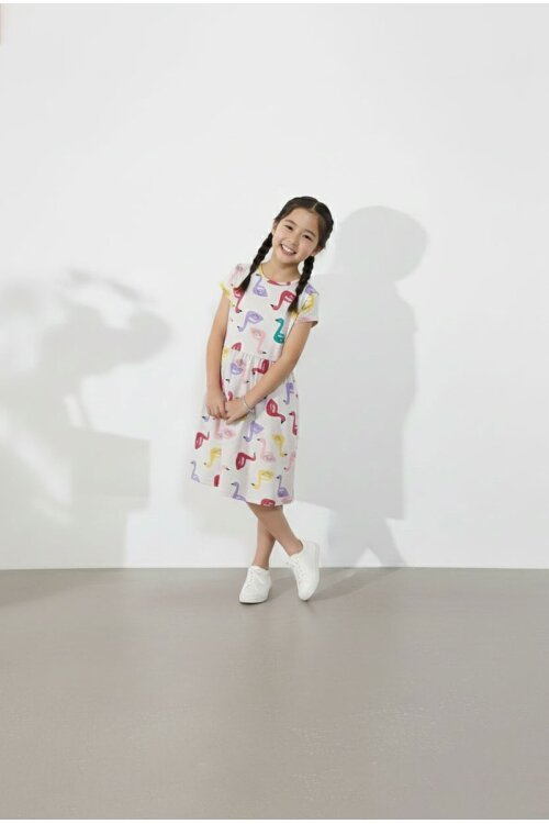 Krem Kuğu Baskılı Kısa Kollu Kız Çocuk Yazlık Elbise