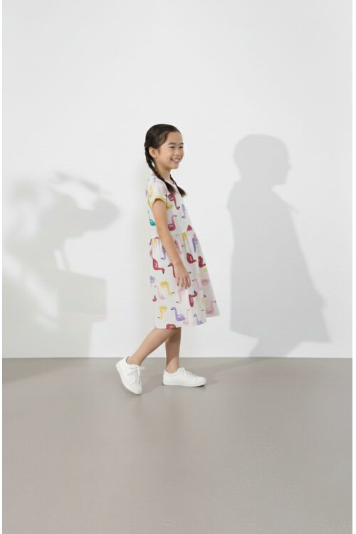 Krem Kuğu Baskılı Kısa Kollu Kız Çocuk Yazlık Elbise