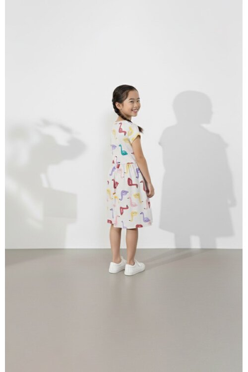 Krem Kuğu Baskılı Kısa Kollu Kız Çocuk Yazlık Elbise