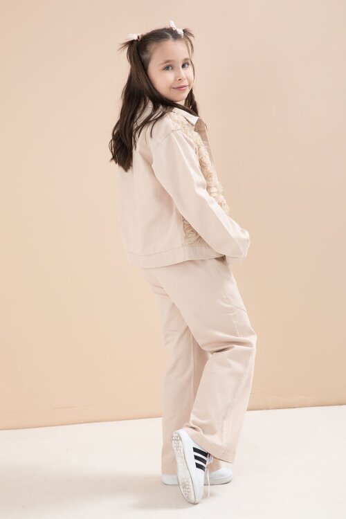 Krem Önü Gül İşlemeli Ceketli Kız Çocuk Pantolonlu 3lü Alt Üst Takım 23606
