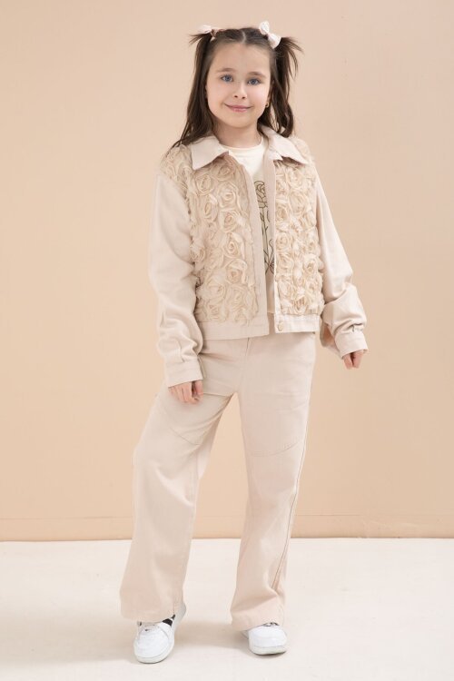 Krem Önü Gül İşlemeli Ceketli Kız Çocuk Pantolonlu 3lü Alt Üst Takım 23606