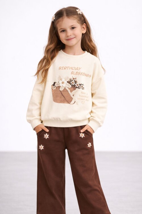 Krem Papatya Nakış Detaylı Jean Pantolonlu Kız Çocuk 2li Takım 23520