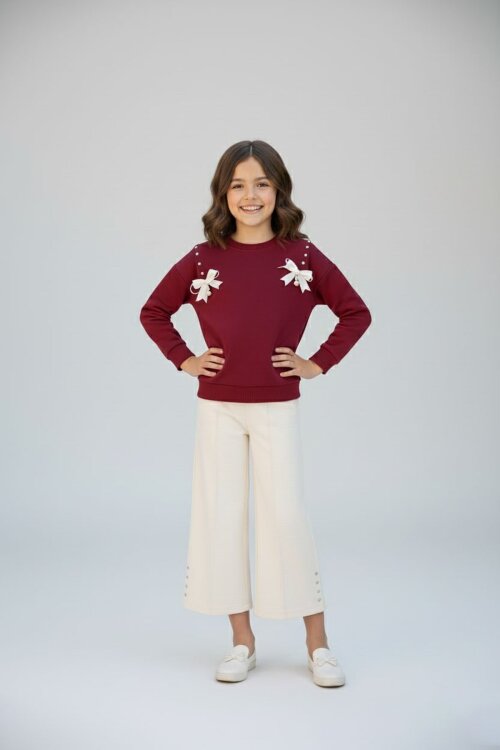 Krem Taş Detaylı Jean Pantolonlu Badili 2li Kız Çocuk Takım  23513