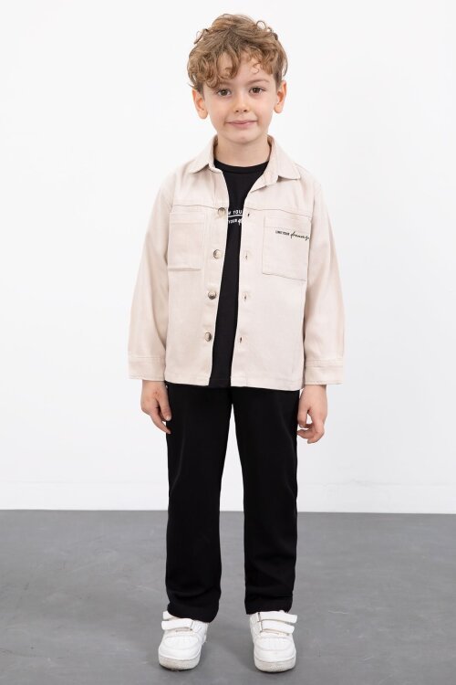 Krem Yazılı Düğmeli Gömlekli Erkek Çocuk Pantolonlu 3lü Takım  23370