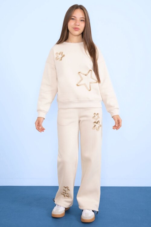 Krem Yıldız Desenli Geniş Paça Şardonlu Kız Çocuk Eşofman Takımı 23363