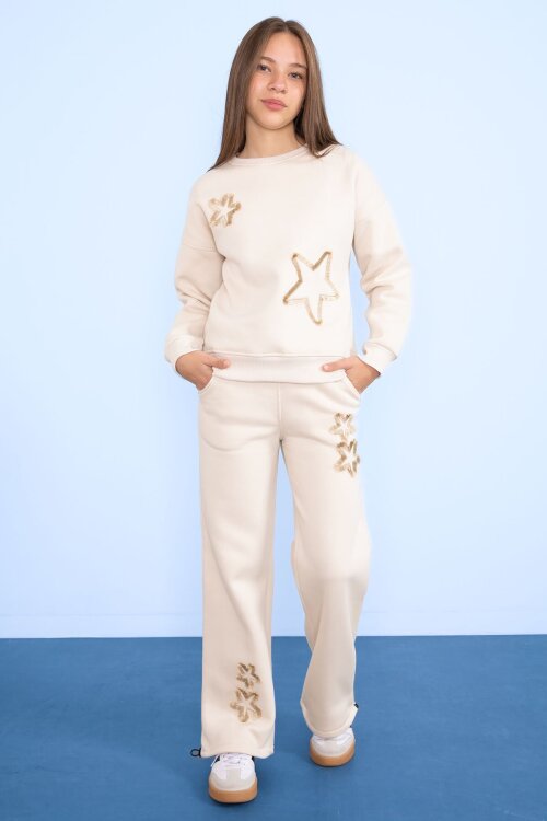 Krem Yıldız Desenli Geniş Paça Şardonlu Kız Çocuk Eşofman Takımı 23363