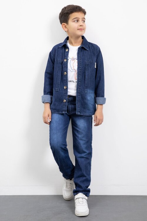 Lacivert Armalı Jean Gömlekli Erkek Çocuk Pantolonlu 3lü Jean Takım  23470