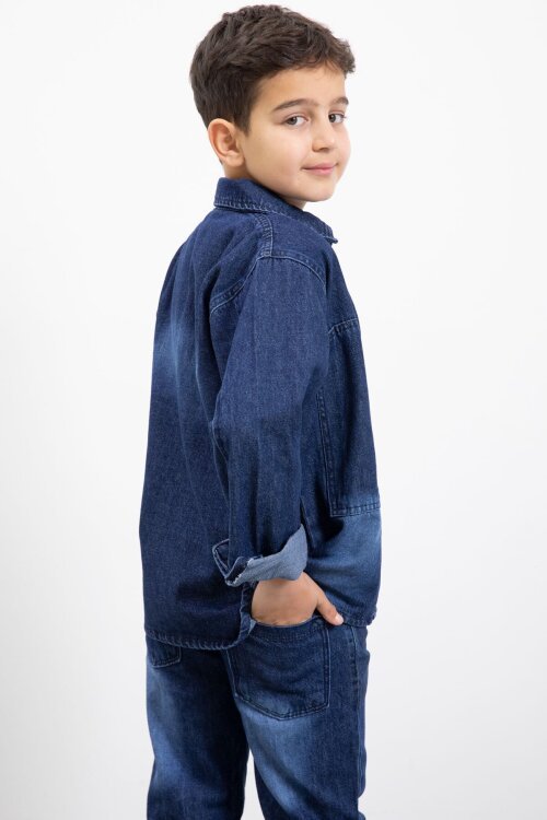 Lacivert Armalı Jean Gömlekli Erkek Çocuk Pantolonlu 3lü Jean Takım  23470