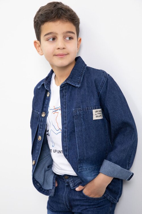 Lacivert Armalı Jean Gömlekli Erkek Çocuk Pantolonlu 3lü Jean Takım  23470