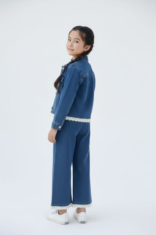 Lacivert Dantel Detaylı Jean Ceketli ve Pantolonlu Kız Çocuk 3lü Takım 23500