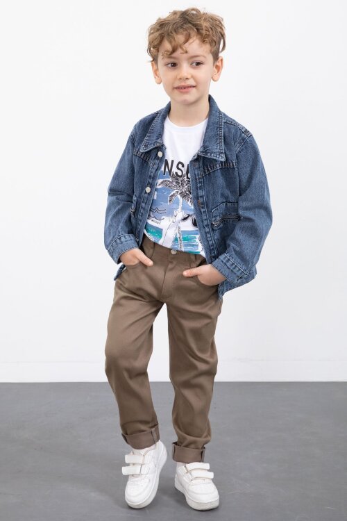Lacivert Fermuar Cepli Jean Ceketli Erkek Çocuk Pantolonlu 3lü Takım 20018