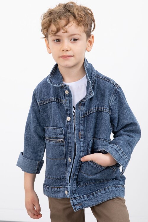 Lacivert Fermuar Cepli Jean Ceketli Erkek Çocuk Pantolonlu 3lü Takım 20018