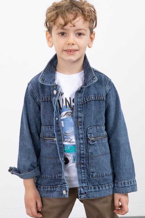 Lacivert Fermuar Cepli Jean Ceketli Erkek Çocuk Pantolonlu 3lü Takım 20018