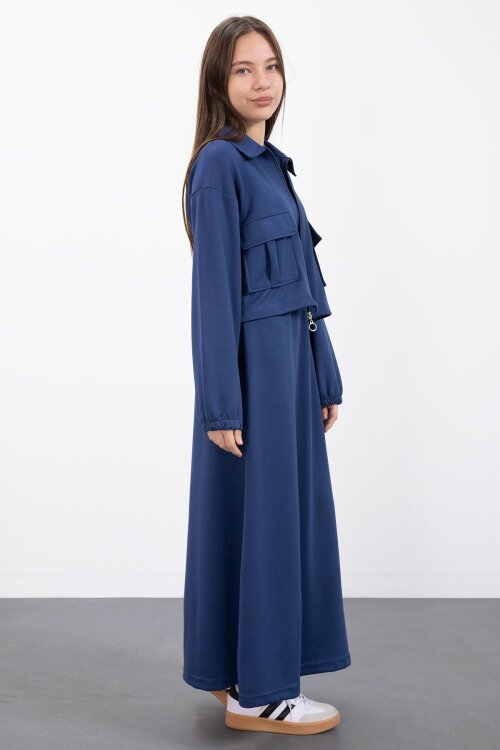 Lacivert Fermuarlı Crop Ceketli Sıfır Kol Kız Çocuk Elbise Takımı  23410