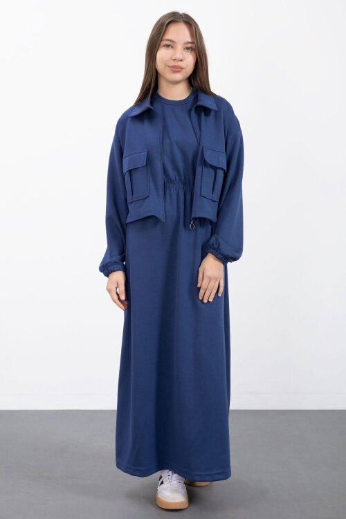 Lacivert Fermuarlı Crop Ceketli Sıfır Kol Kız Çocuk Elbise Takımı  23410