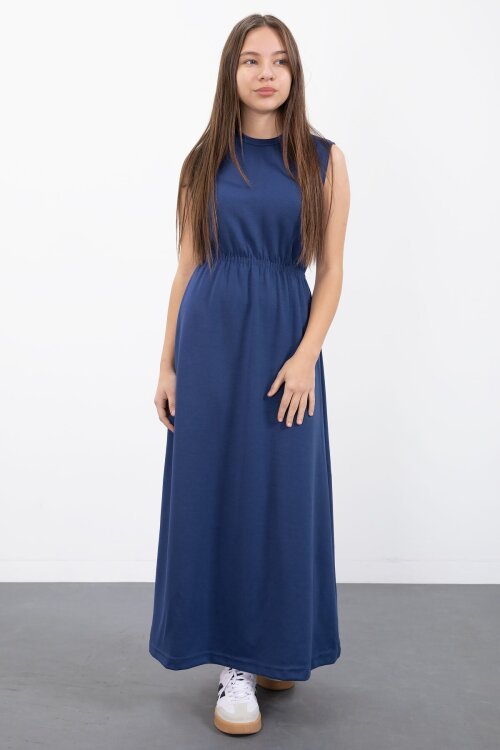 Lacivert Fermuarlı Crop Ceketli Sıfır Kol Kız Çocuk Elbise Takımı  23410