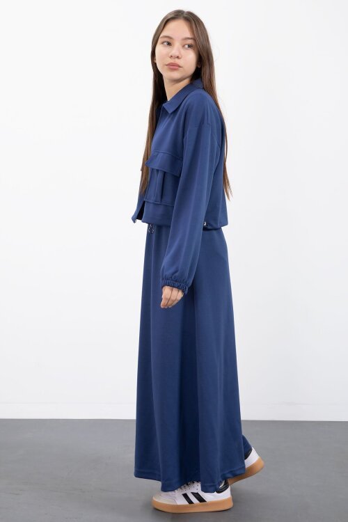 Lacivert Fermuarlı Crop Ceketli Sıfır Kol Kız Çocuk Elbise Takımı  23410