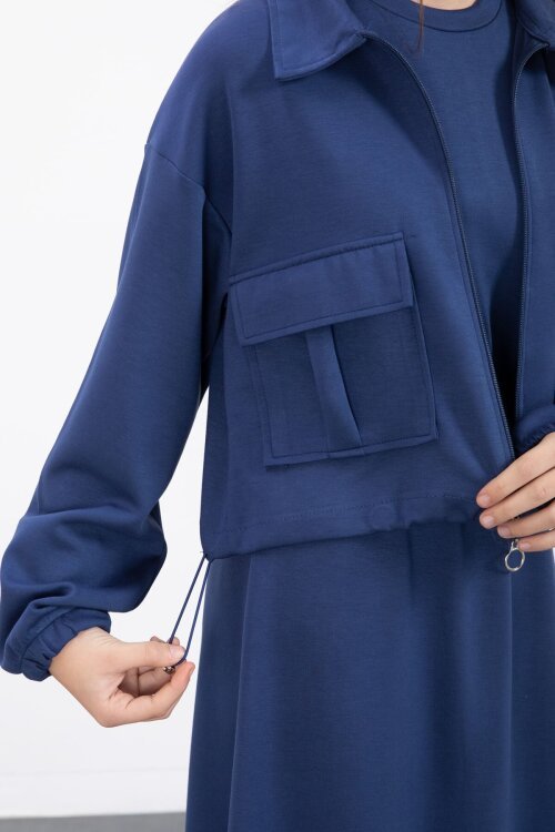 Lacivert Fermuarlı Crop Ceketli Sıfır Kol Kız Çocuk Elbise Takımı  23410