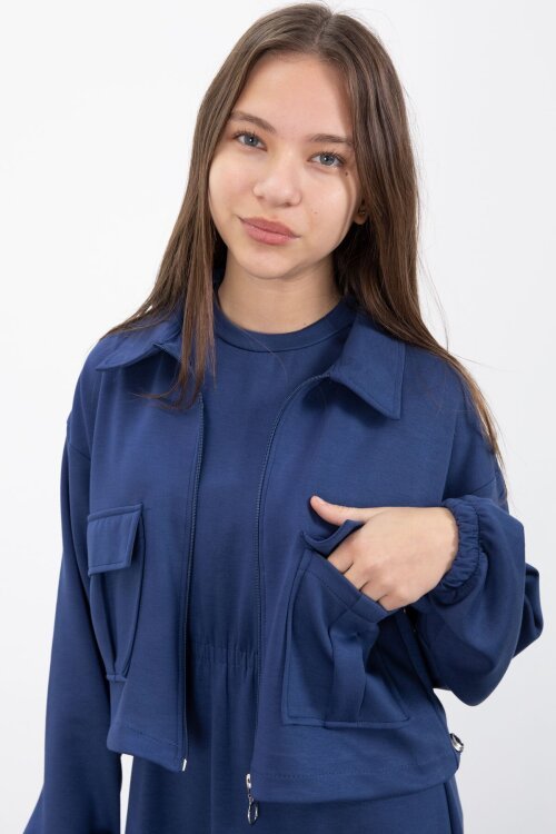 Lacivert Fermuarlı Crop Ceketli Sıfır Kol Kız Çocuk Elbise Takımı  23410