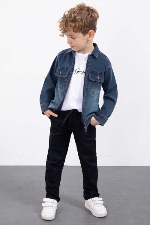 Lacivert Fermuarlı Jean Ceketli Erkek Çocuk Pantolonlu 3lü Takım 23388