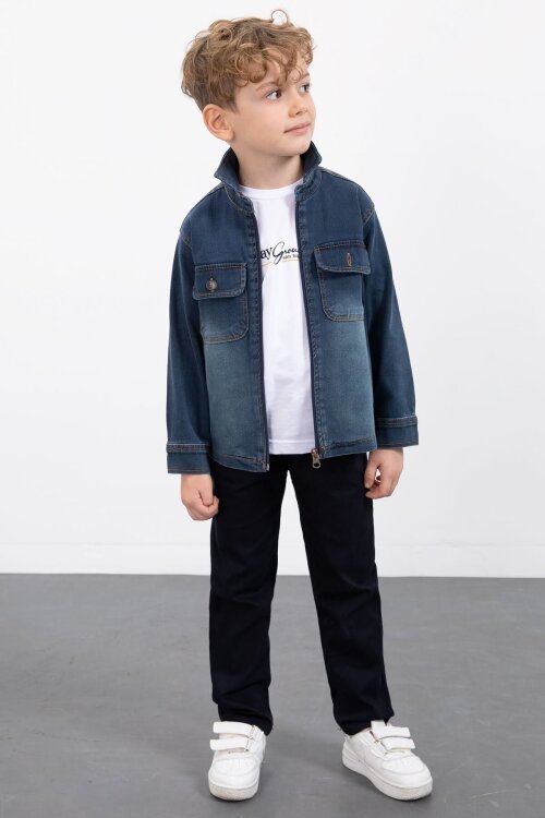 Lacivert Fermuarlı Jean Ceketli Erkek Çocuk Pantolonlu 3lü Takım 23388