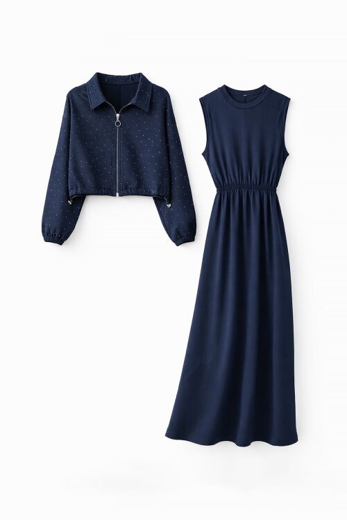 Lacivert Fermuarlı Taşlı Crop Ceketli Sıfır Kol Kız Çocuk Elbise 23751