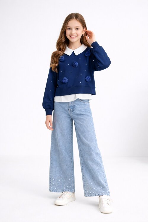 Lacivert İnci İşlemeli Badili ve Jean Pantolonlu Kız Çocuk Gömlekli Takım 23600