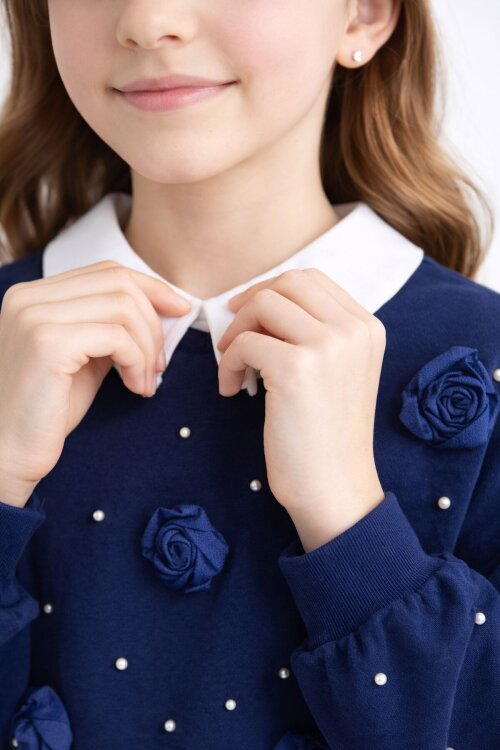 Lacivert İnci İşlemeli Badili ve Jean Pantolonlu Kız Çocuk Gömlekli Takım 23600