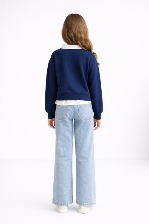 Lacivert İnci İşlemeli Badili ve Jean Pantolonlu Kız Çocuk Gömlekli Takım 23600