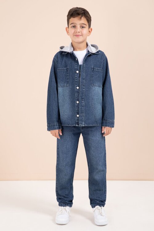 Lacivert Kapüşonlu Ceketli Pantolonlu Erkek Çocuk 3lü Jean Takım  23625