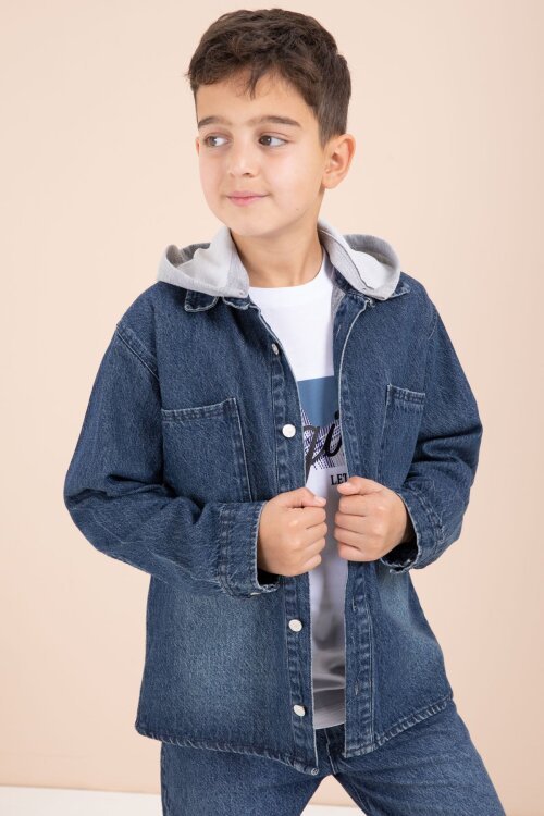 Lacivert Kapüşonlu Ceketli Pantolonlu Erkek Çocuk 3lü Jean Takım  23625