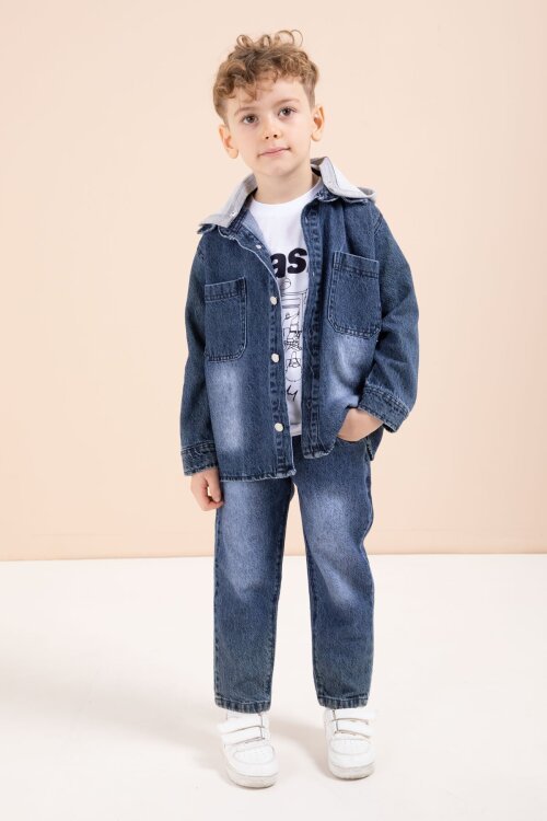Lacivert Kapüşonlu Jean Ceketli Pantolonlu Erkek Çocuk Baskılı Tişörtlü 3lü Takım 23617