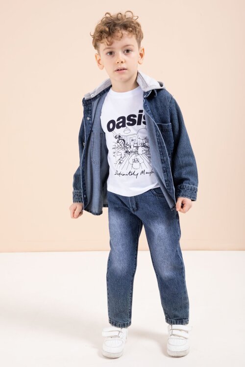 Lacivert Kapüşonlu Jean Ceketli Pantolonlu Erkek Çocuk Baskılı Tişörtlü 3lü Takım 23617