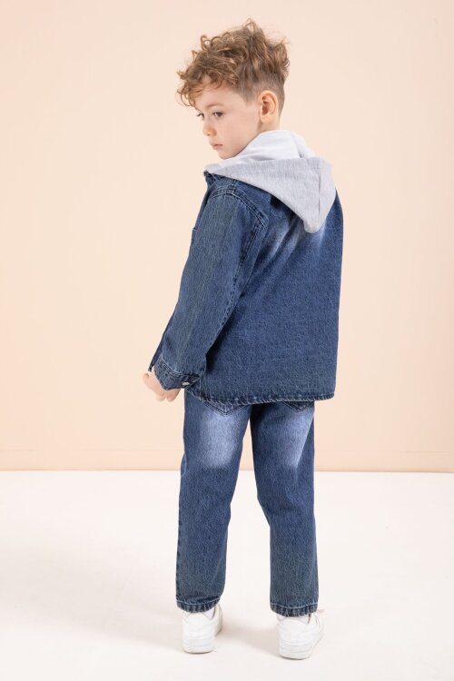 Lacivert Kapüşonlu Jean Ceketli Pantolonlu Erkek Çocuk Baskılı Tişörtlü 3lü Takım 23617