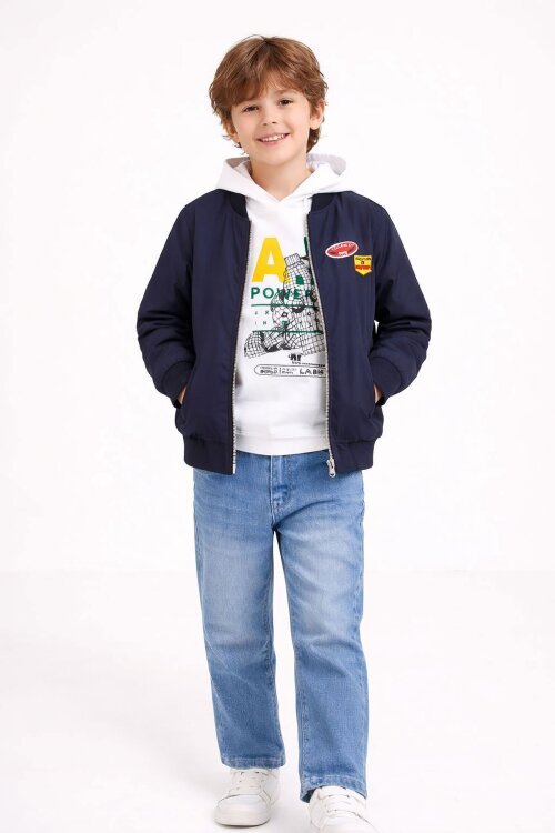 Lacivert Nakışlı Ceketli Jean Pantolonlu Erkek Çocuk Kapşonlu 3lü Takım 23525