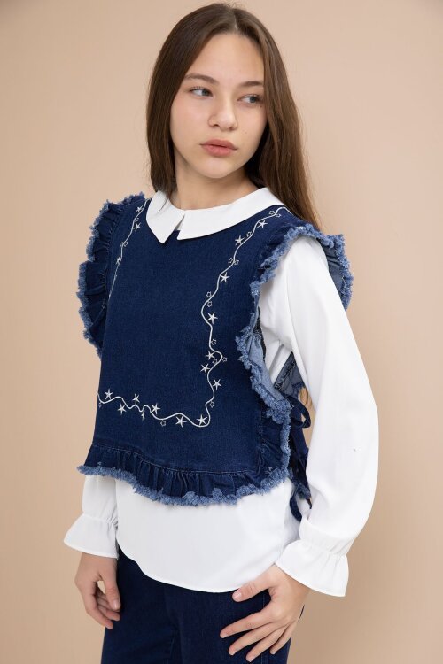 Lacivert Nakışlı Jean Süveterli Püsküllü Pantolonlu 3lü Kız Çocuk Jean Takım  23484