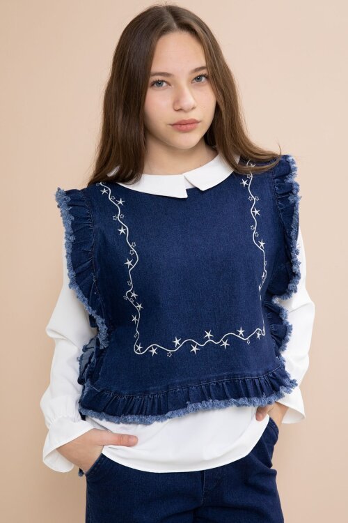 Lacivert Nakışlı Jean Süveterli Püsküllü Pantolonlu 3lü Kız Çocuk Jean Takım  23484