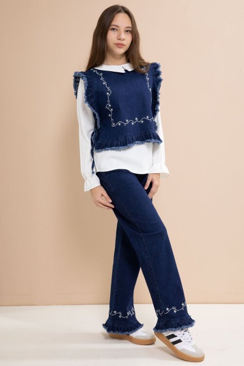 Lacivert Nakışlı Jean Süveterli Püsküllü Pantolonlu 3lü Kız Çocuk Jean Takım  23484