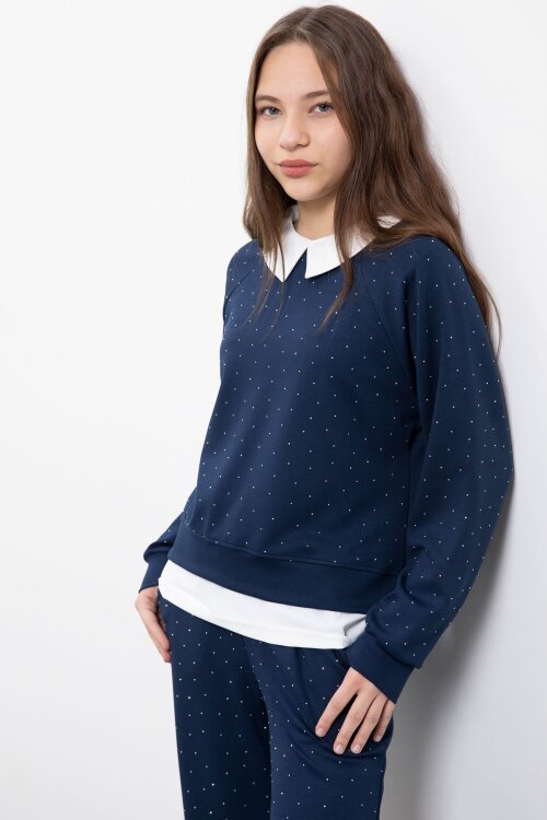 Lacivert Taş Detaylı  Pantolonlu Kız Çocuk 3lü Gömlekli Takım  23478