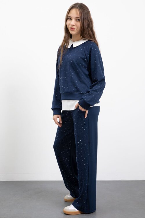 Lacivert Taş Detaylı  Pantolonlu Kız Çocuk 3lü Gömlekli Takım  23478