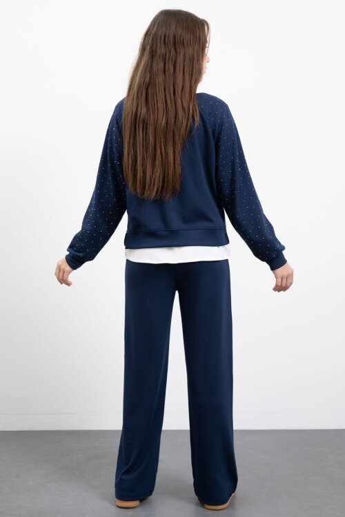 Lacivert Taş Detaylı  Pantolonlu Kız Çocuk 3lü Gömlekli Takım  23478