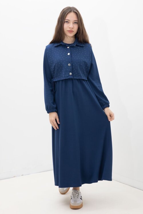 Lacivert Taşlı Bağlamalı Yelekli Kız Çocuk Uzun Kol Elbise Takımı  23638