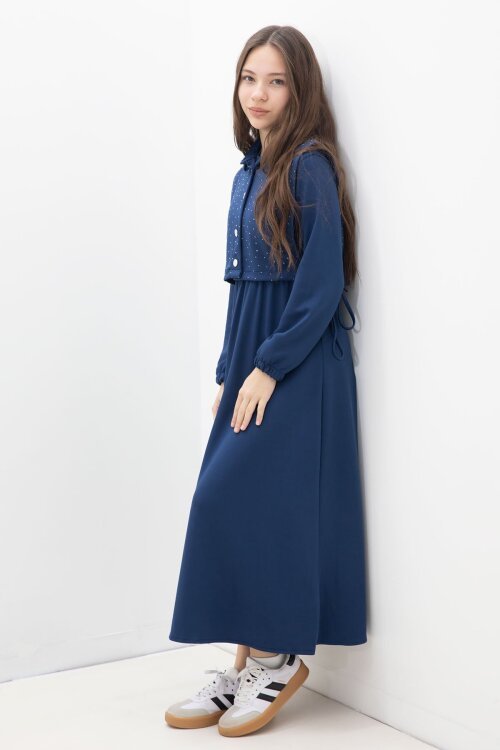 Lacivert Taşlı Bağlamalı Yelekli Kız Çocuk Uzun Kol Elbise Takımı  23638