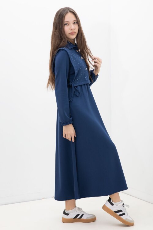 Lacivert Taşlı Bağlamalı Yelekli Kız Çocuk Uzun Kol Elbise Takımı  23638