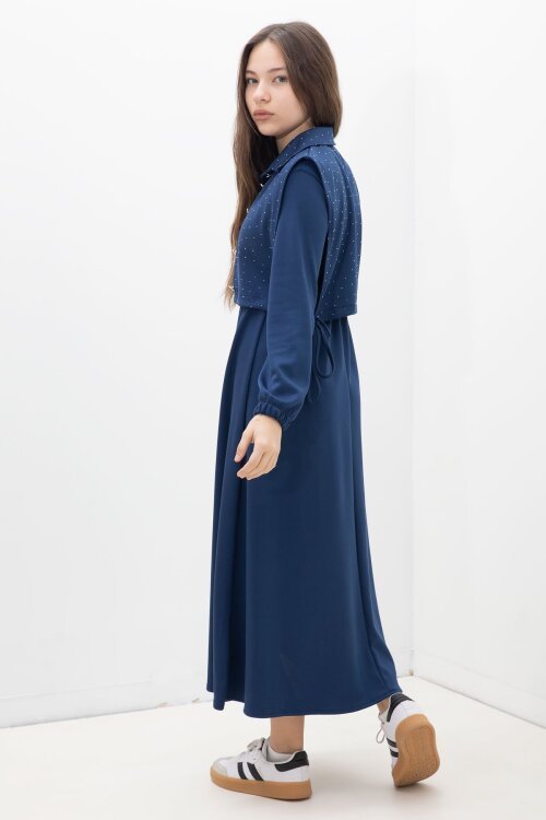 Lacivert Taşlı Bağlamalı Yelekli Kız Çocuk Uzun Kol Elbise Takımı  23638