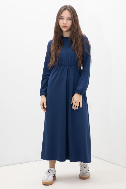 Lacivert Taşlı Bağlamalı Yelekli Kız Çocuk Uzun Kol Elbise Takımı  23638