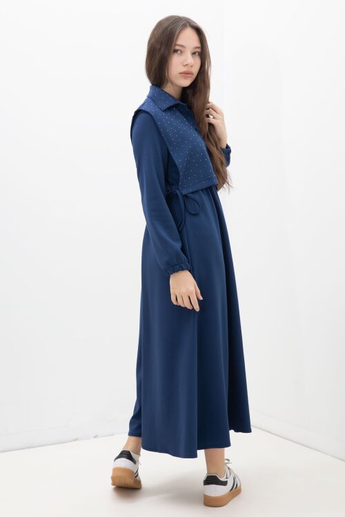 Lacivert Taşlı Bağlamalı Yelekli Kız Çocuk Uzun Kol Elbise Takımı  23638