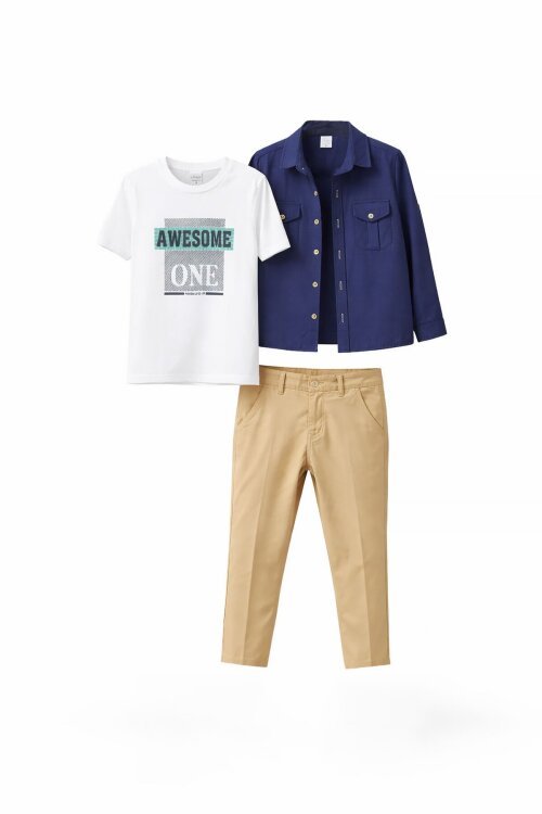 Lacivert Uzun Kol Düğmeli Gömlekli Tişörtlüi Erkek Çocuk 3lü Pantolonlu Takım  23757